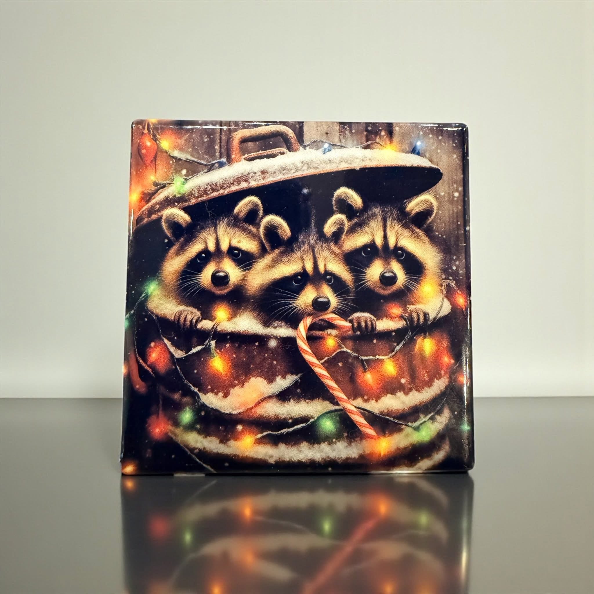 Trashcan Raccoons Ceramic Coaster