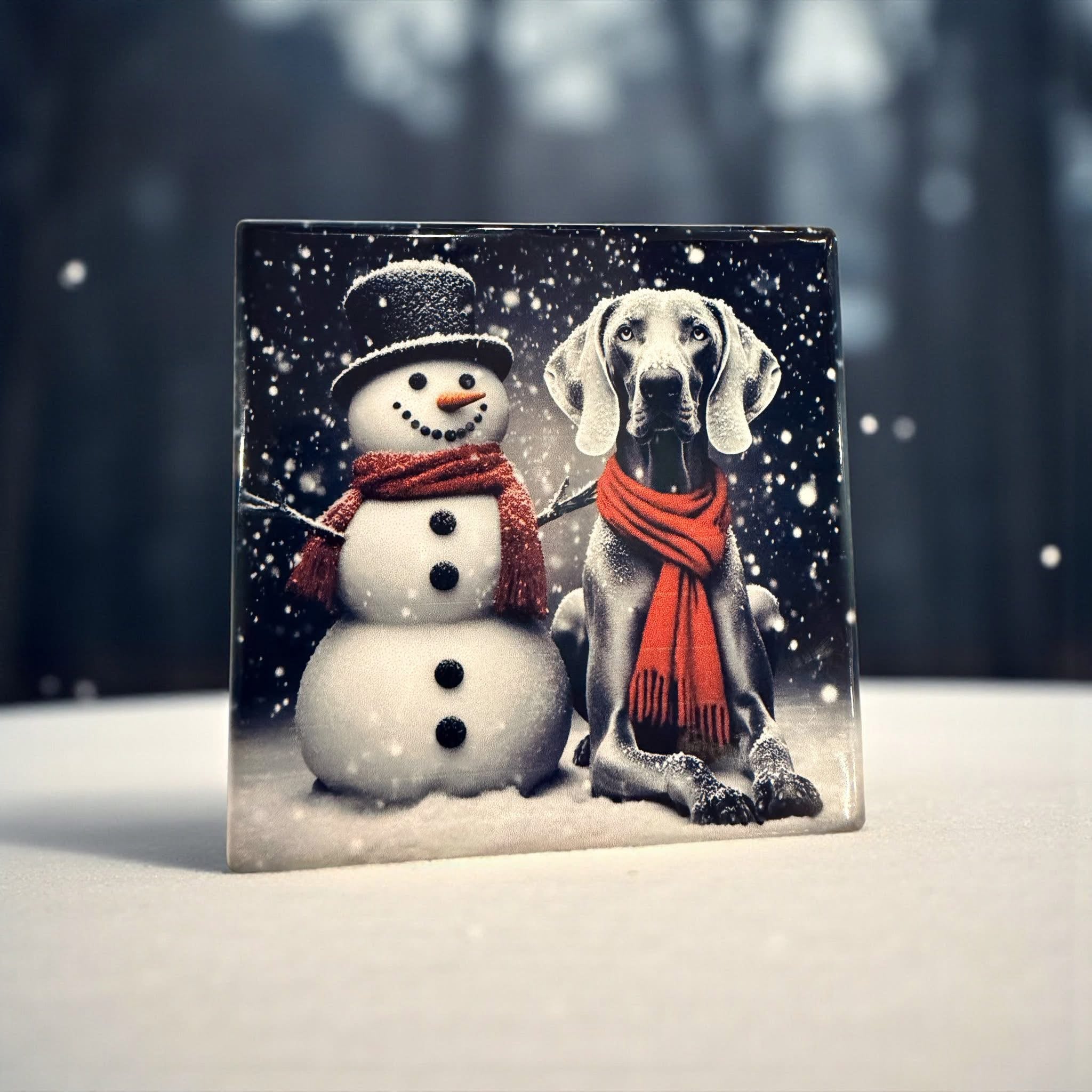 Weimaraner Snowman Ceramic Coaster