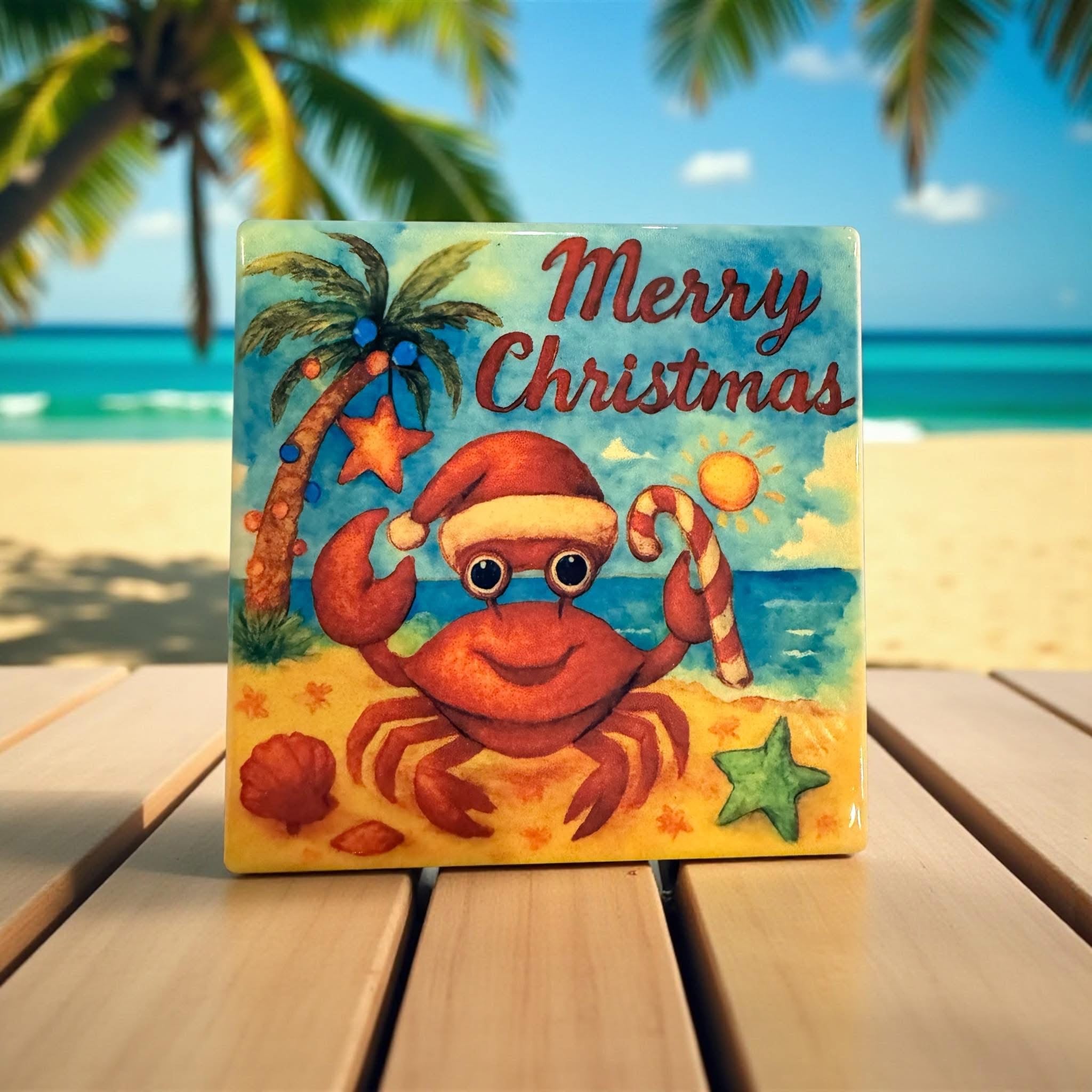 Crabby Merry Christmas Ceramic Coaster