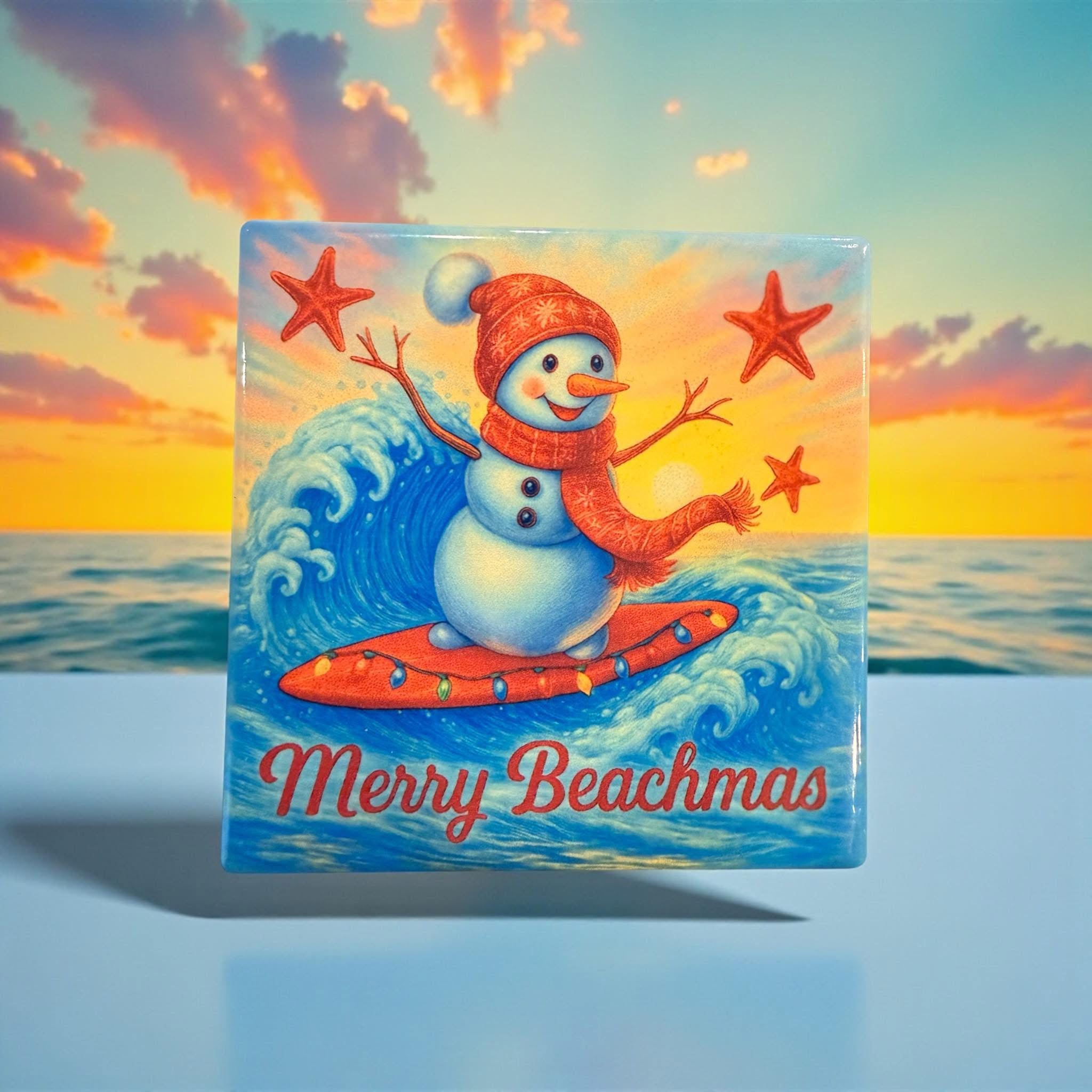 Surfing Snowman Ceramic Coaster