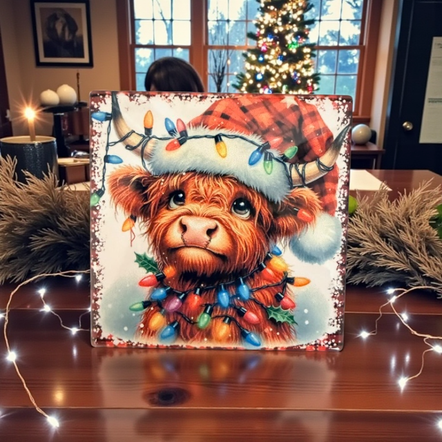 Highland Cow Christmas Ceramic Coaster