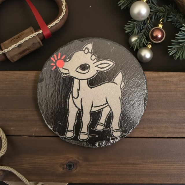 Rudolph Round Laser Engraved Slate Coaster Red Nose