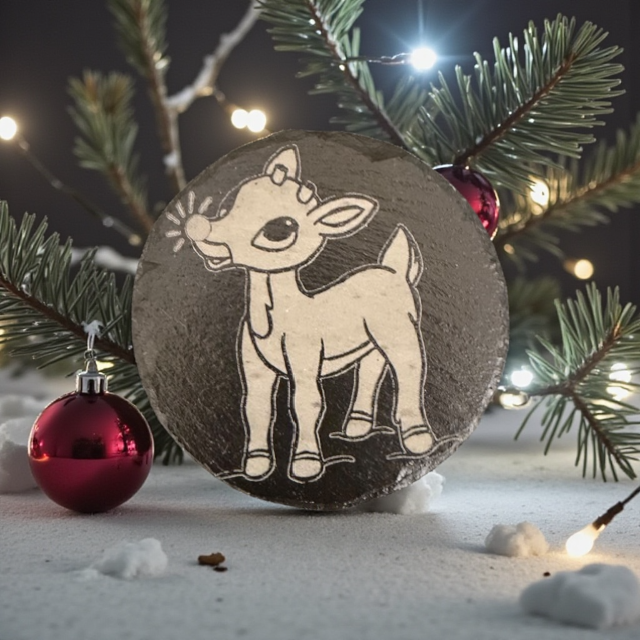 Rudolph Round Laser Engraved Slate Coaster Red Nose