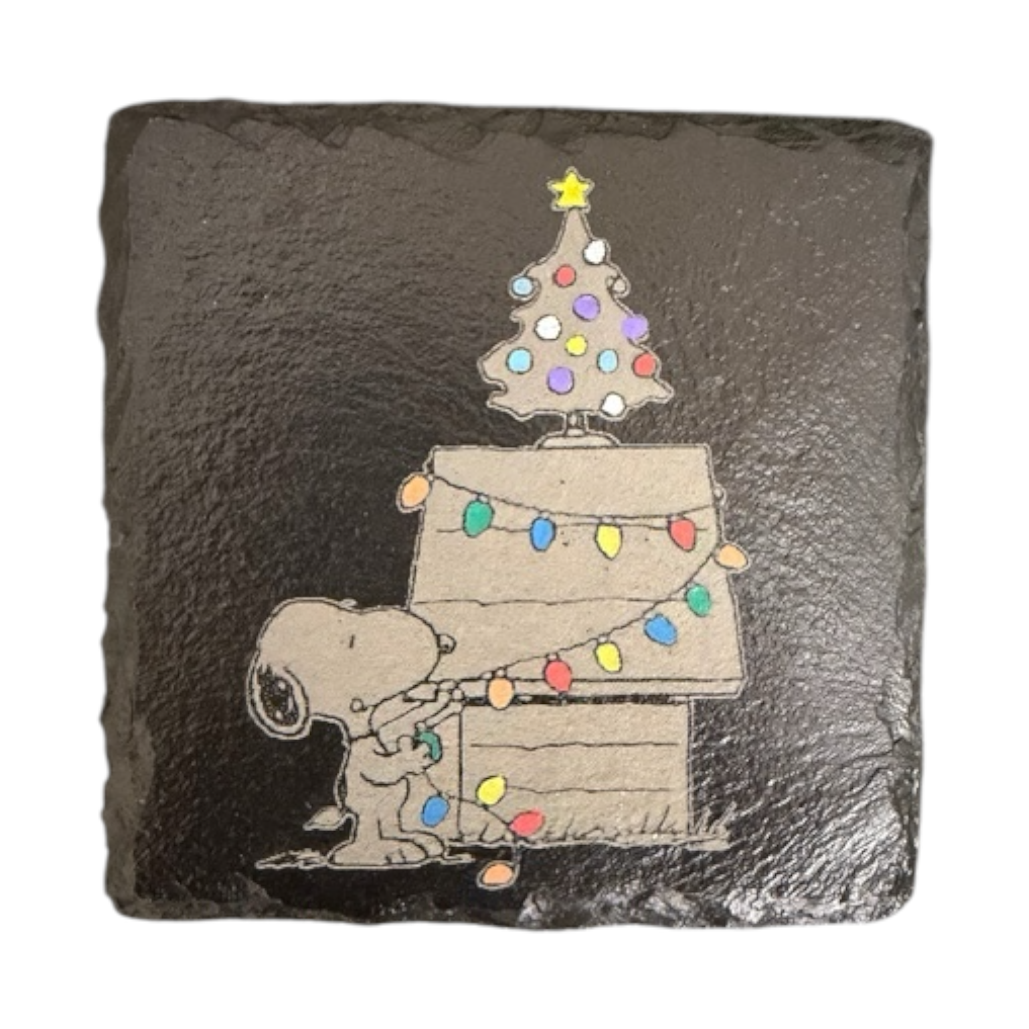 Snoopy Christmas Doghouse Laser Engraved Slate Coaster